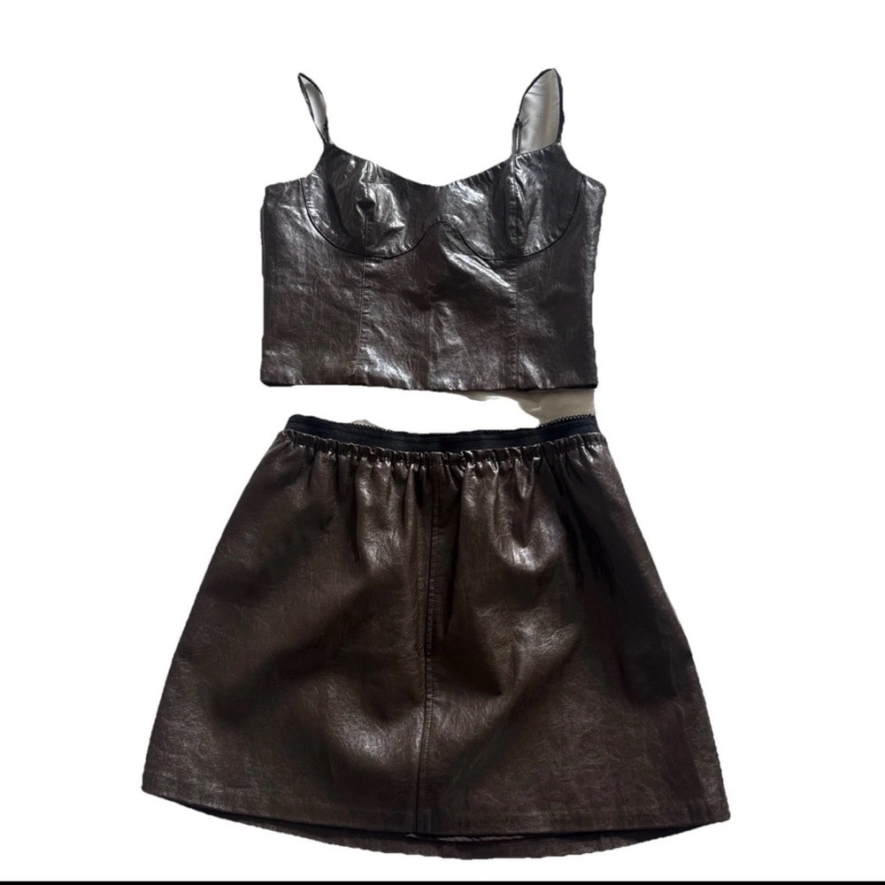 WAYF Faux Leather Top & Skirt two piece Set - Brown